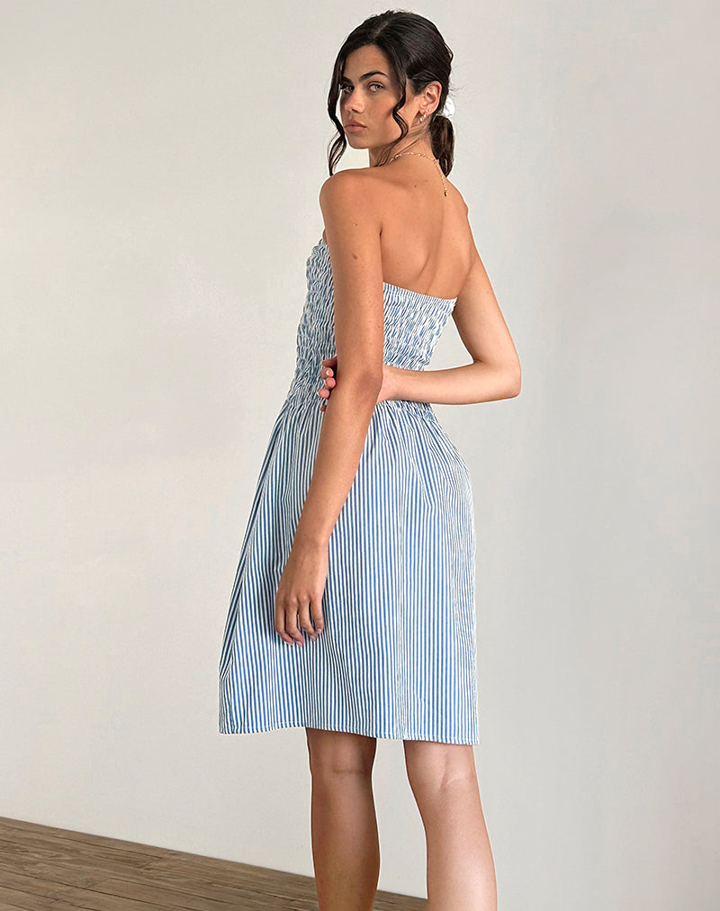 Belesi Midi Dress in Blue Small Vertical Stripe-Nico Sky