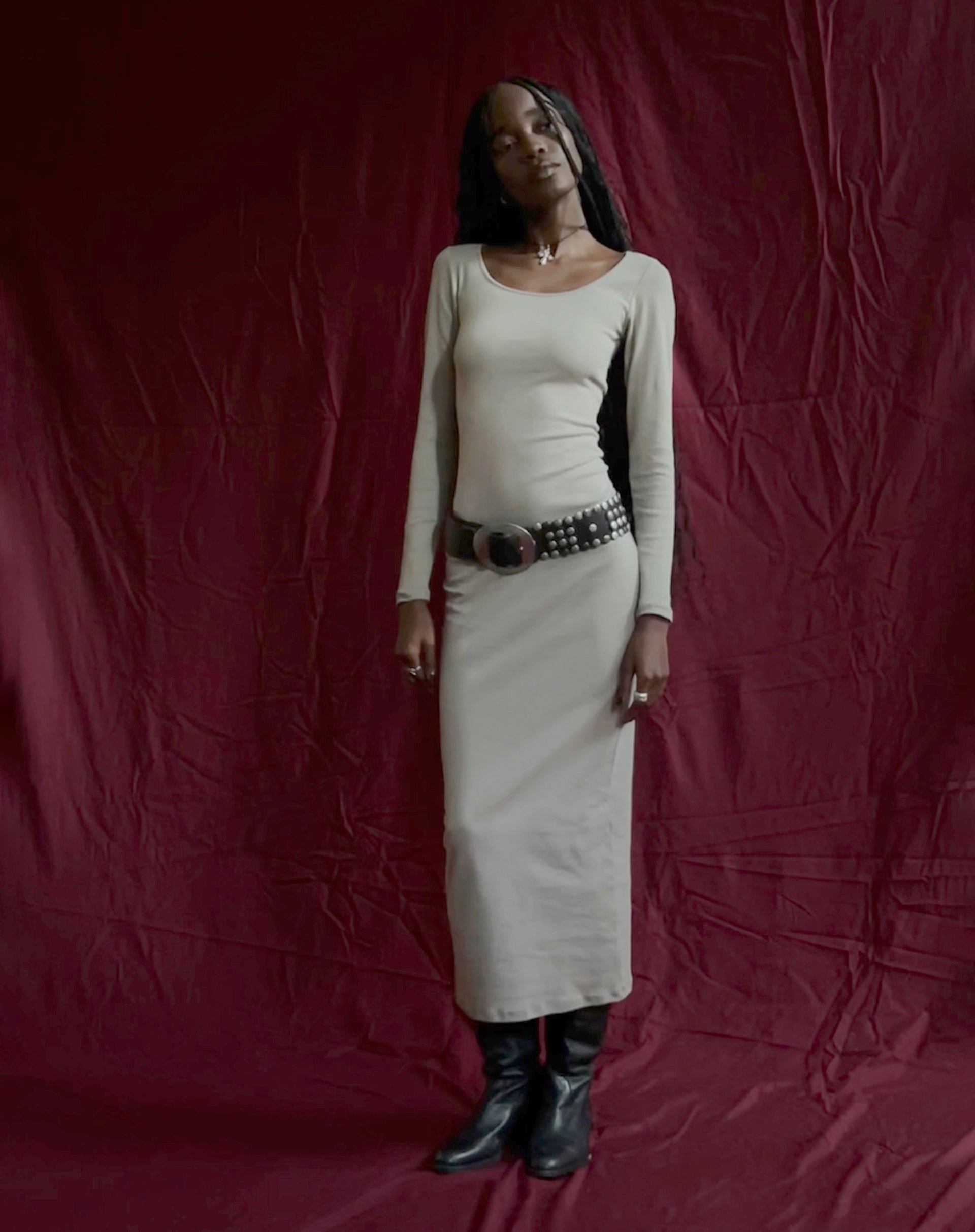 Belila Long Sleeve Maxi Dress in Sage Grey-Nico Sky