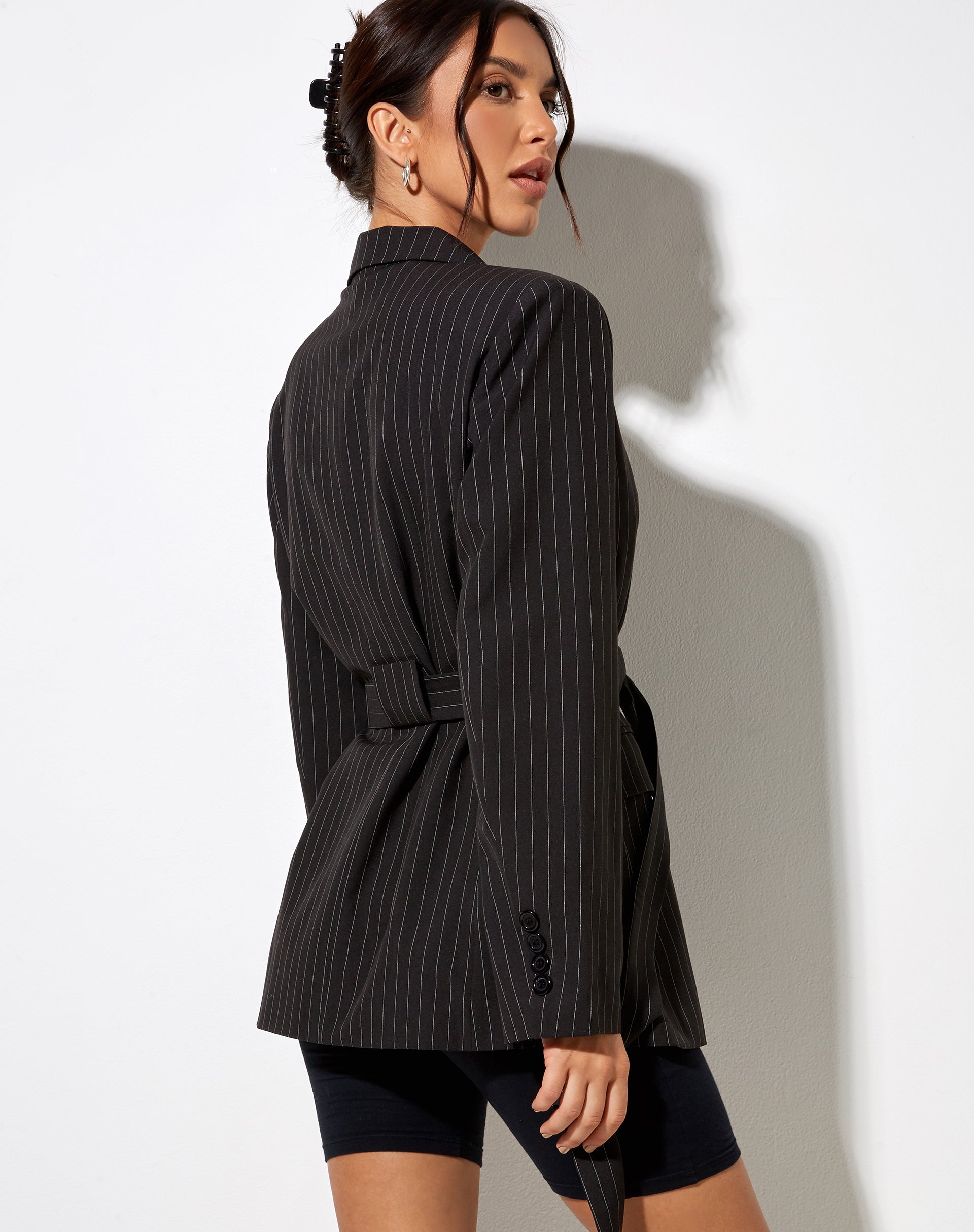 Belted Blazer in Pinstripe Black-Nico Sky