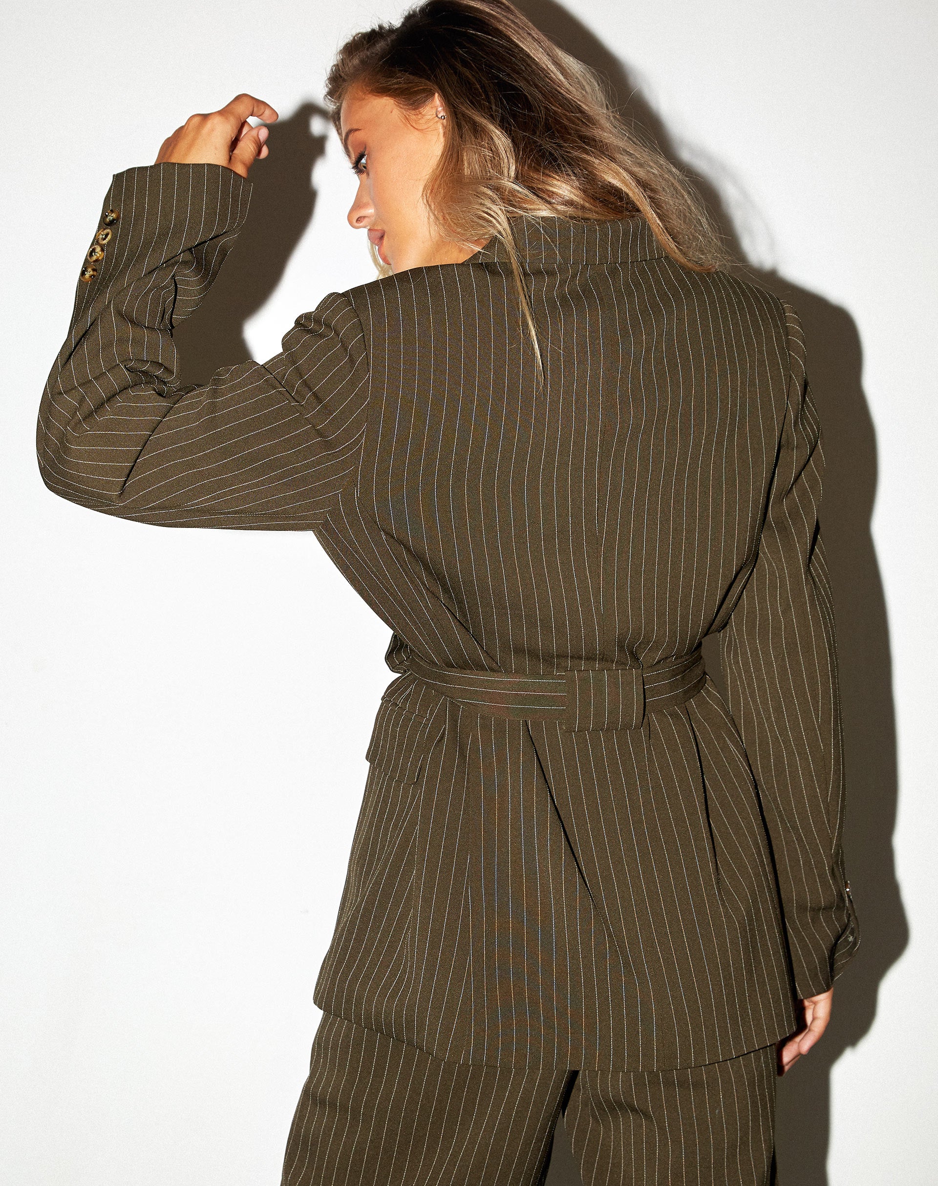 Belted Blazer in Pinstripe Khaki-Nico Sky