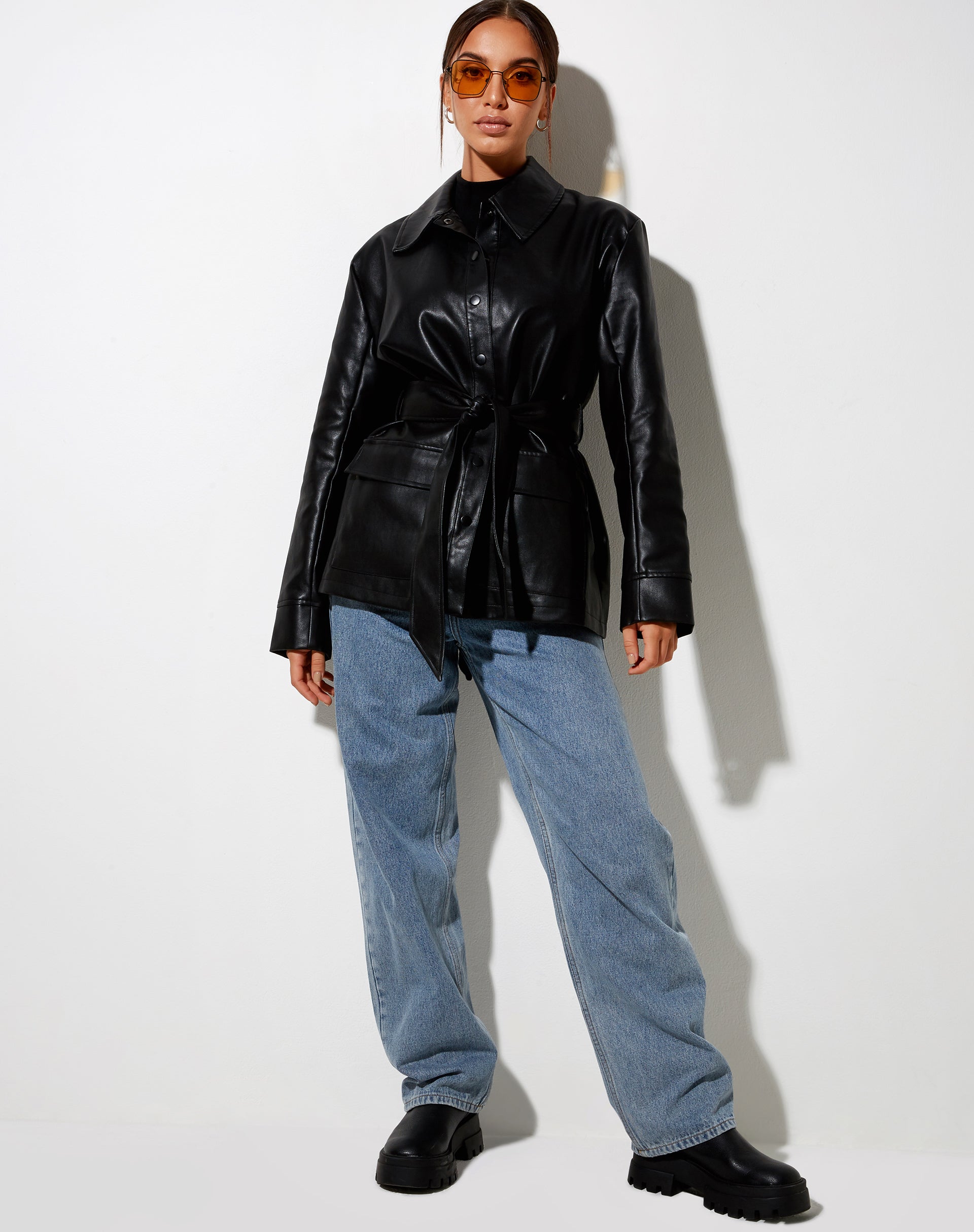 Belted Jacket in PU Black-Nico Sky