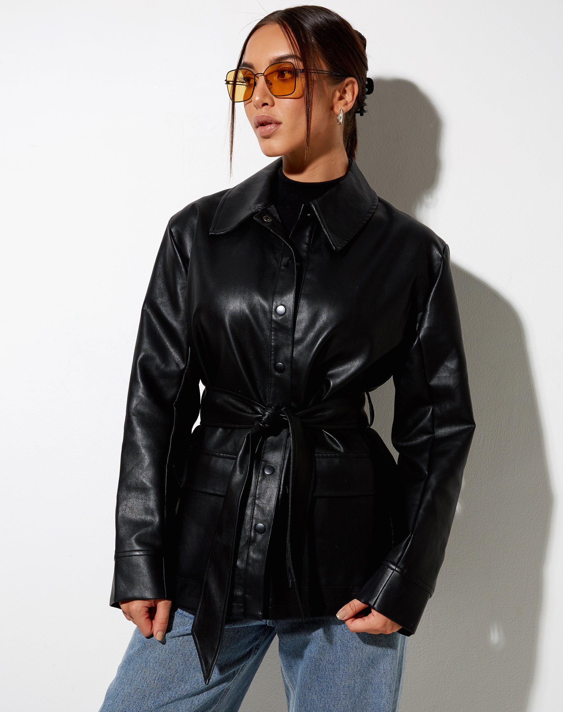 Belted Jacket in PU Black-Nico Sky