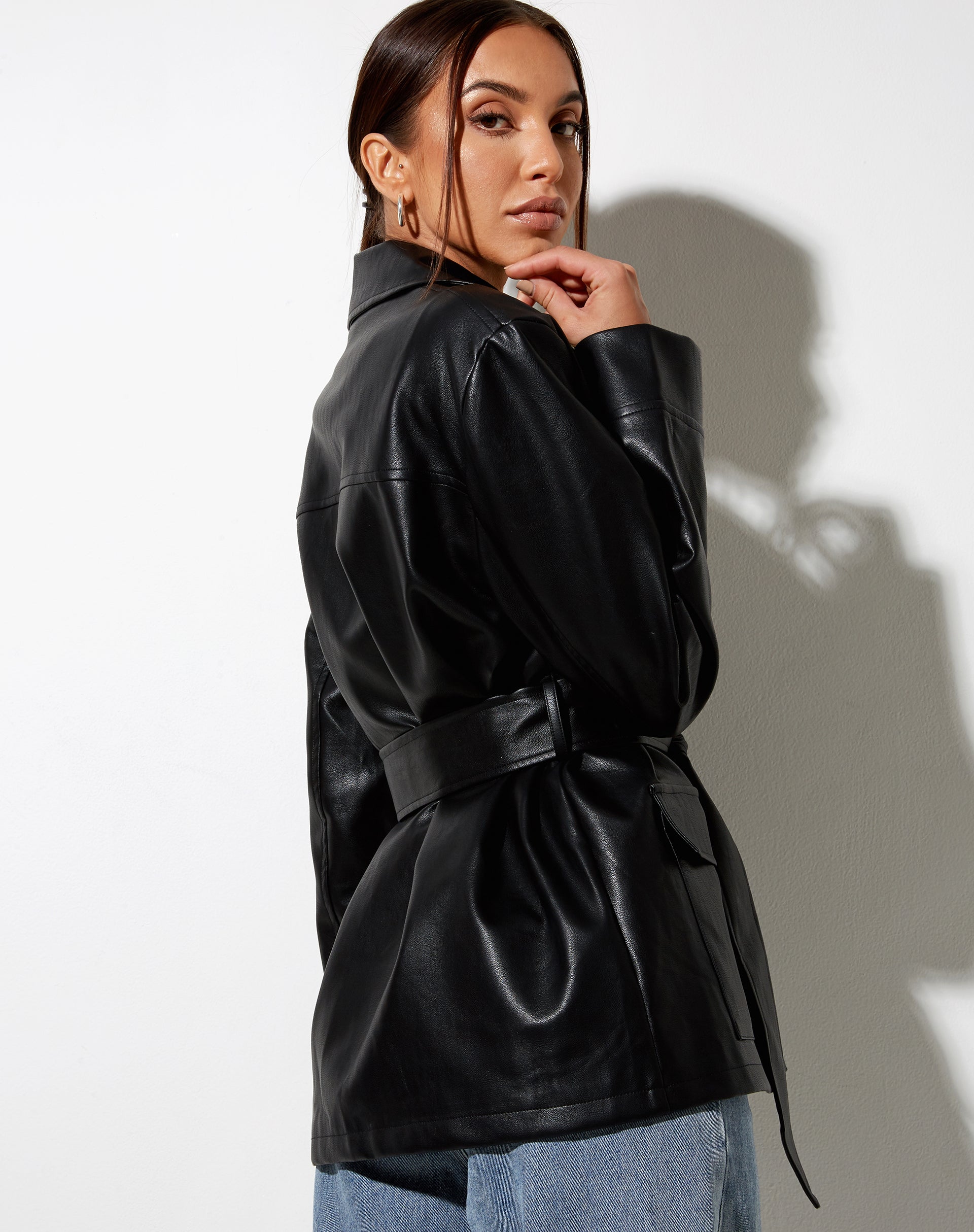 Belted Jacket in PU Black-Nico Sky
