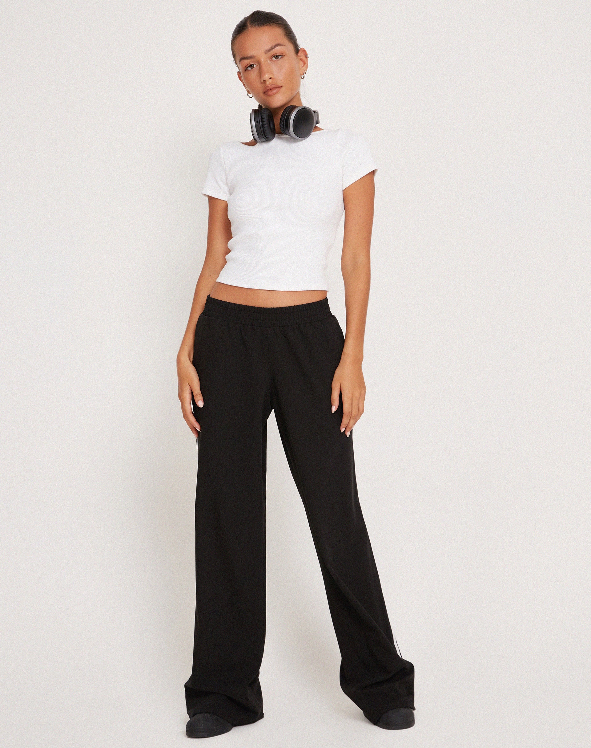 Bennett Wide Leg Trouser in Tailoring Black with White Stripe-Nico Sky