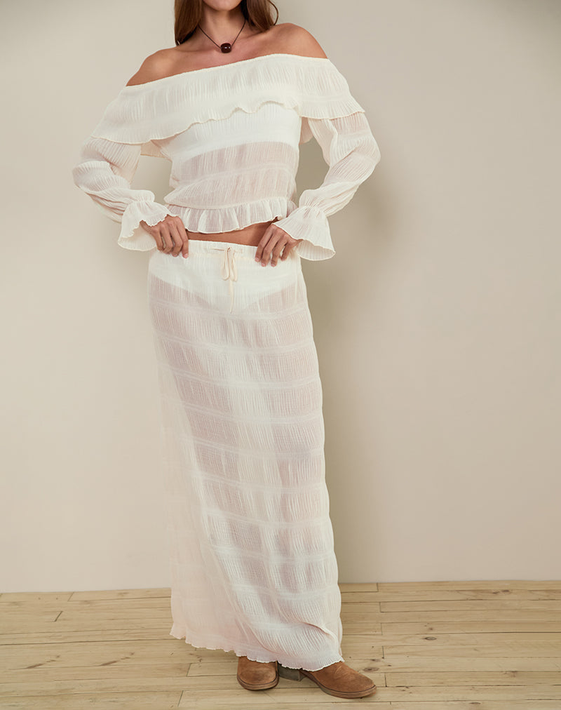 Bente Unlined Maxi Skirt in Chiffon Plisse Ivory-Nico Sky