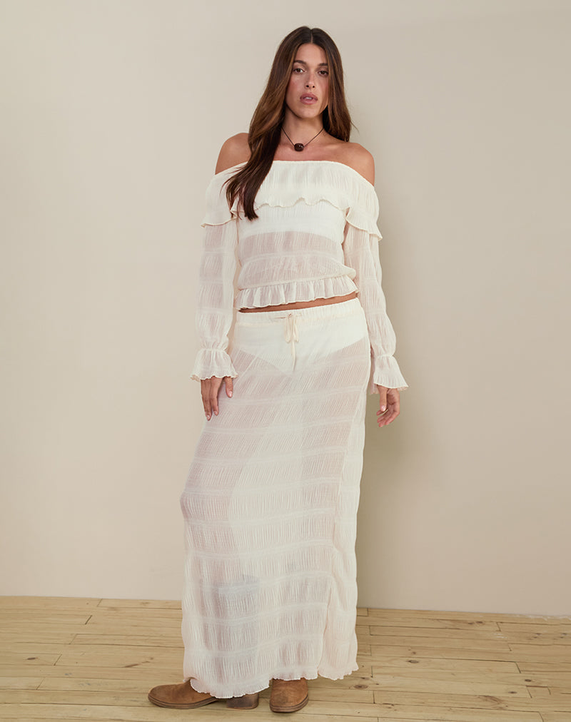Bente Unlined Maxi Skirt in Chiffon Plisse Ivory-Nico Sky