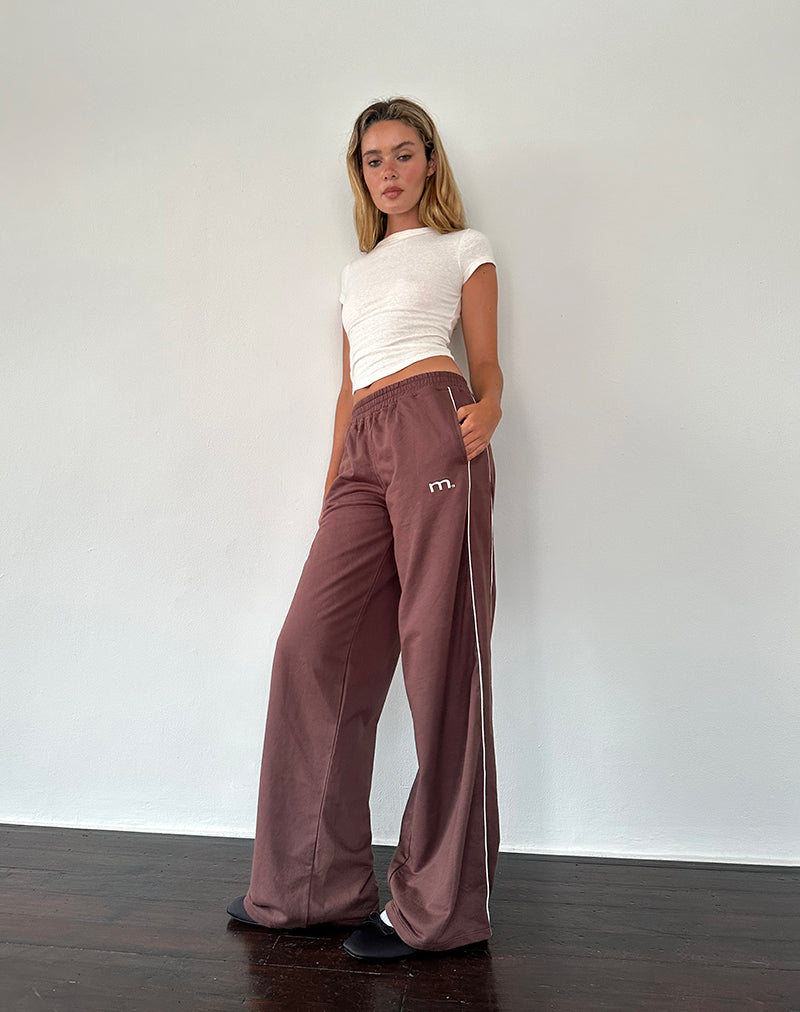 Benton Wide Leg Jogger in Mahogany with Ivory Piping and M Embroidery-Nico Sky