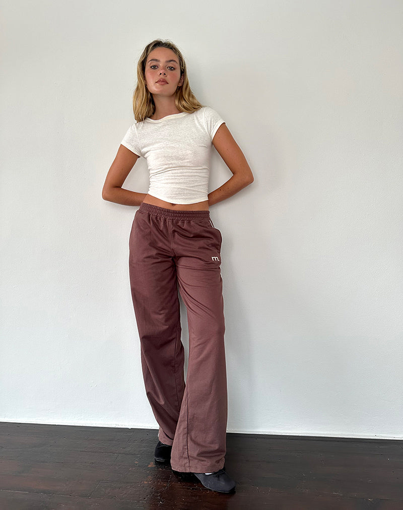 Benton Wide Leg Jogger in Mahogany with Ivory Piping and M Embroidery-Nico Sky