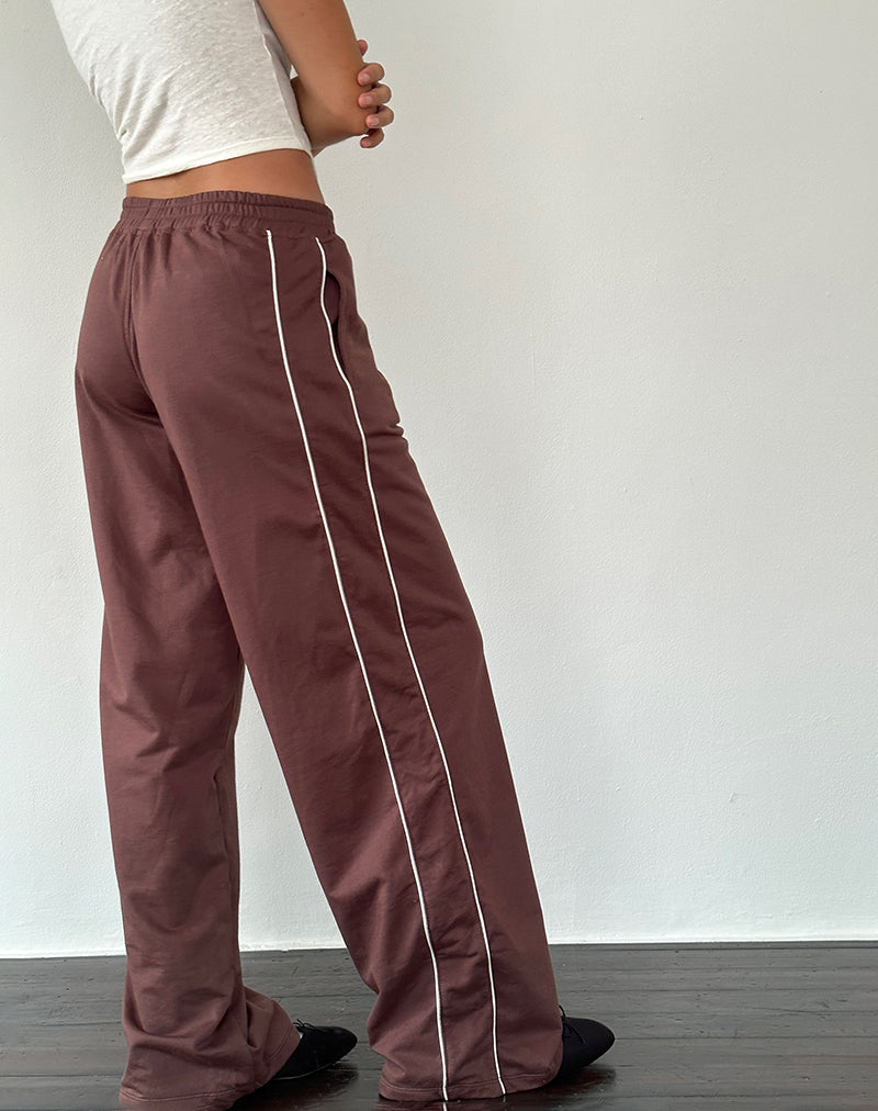 Benton Wide Leg Jogger in Mahogany with Ivory Piping and M Embroidery-Nico Sky