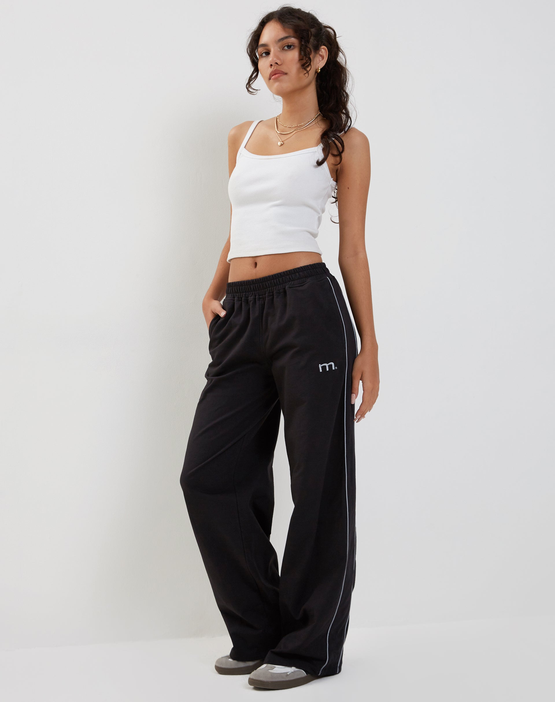 Benton Wide Leg Jogger in Black with Dark Grey Piping and 'M' Embroidery-Nico Sky