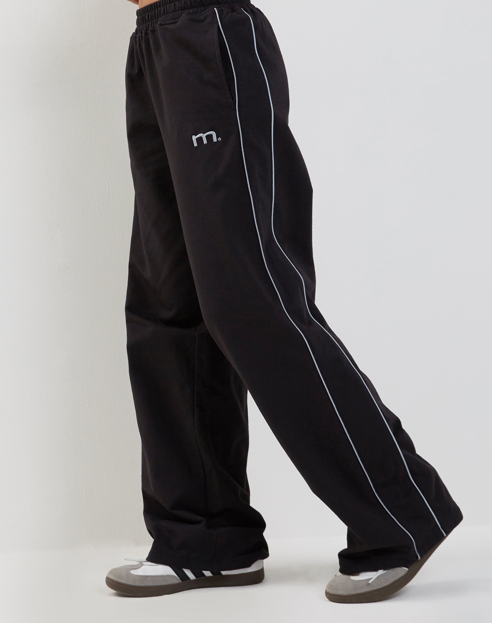 Benton Wide Leg Jogger in Black with Dark Grey Piping and 'M' Embroidery-Nico Sky