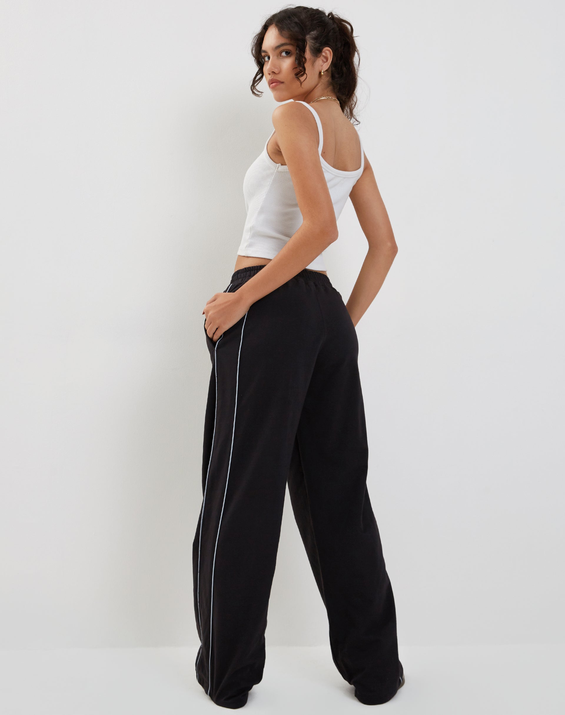 Benton Wide Leg Jogger in Black with Dark Grey Piping and 'M' Embroidery-Nico Sky