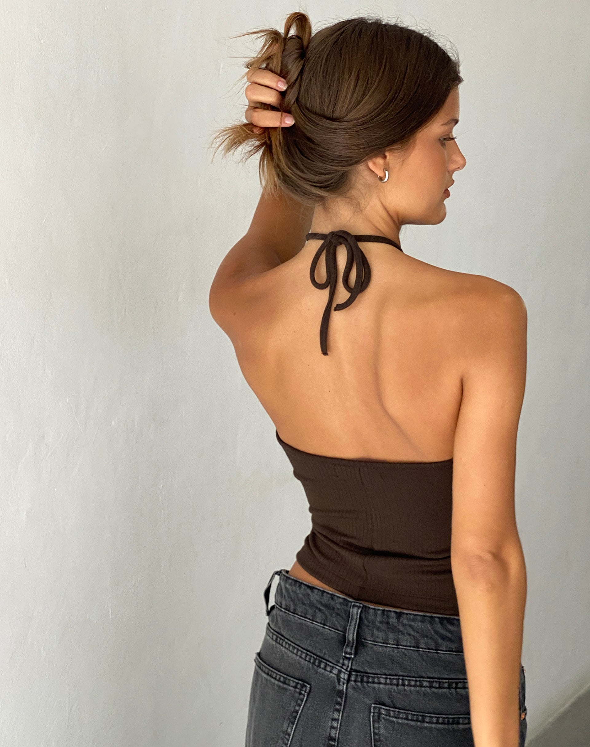 Beri Ribbed Halterneck Top in Brown-Nico Sky