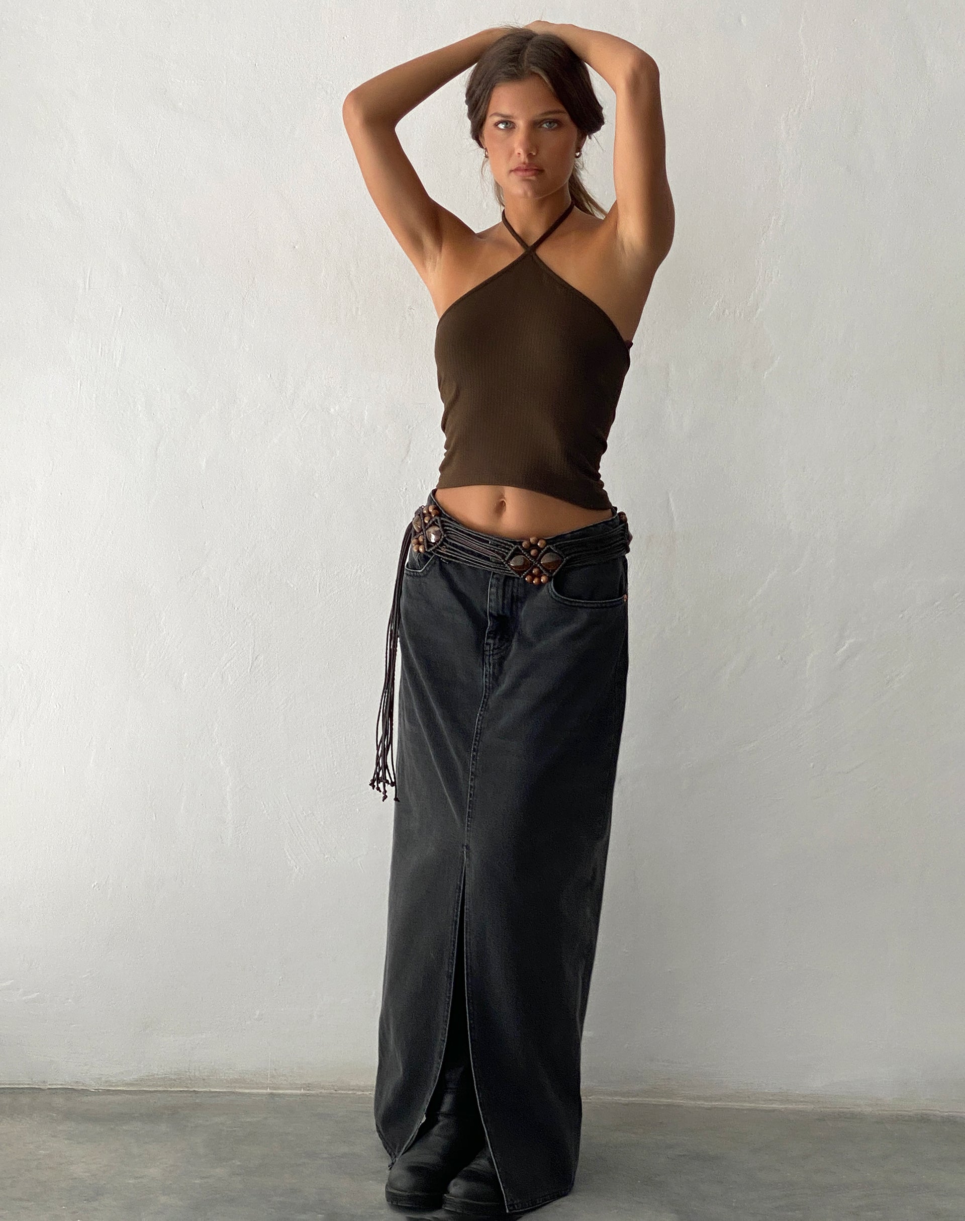 Beri Ribbed Halterneck Top in Brown-Nico Sky