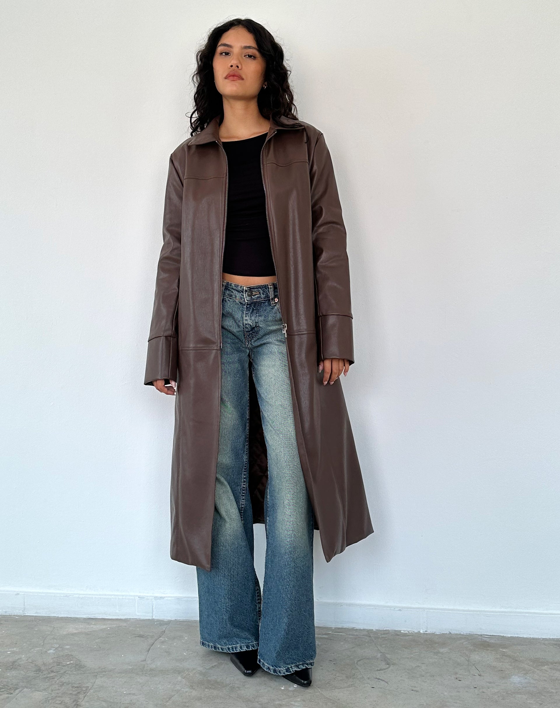 Berlin PU Trench Coat in Dark Brown-Nico Sky