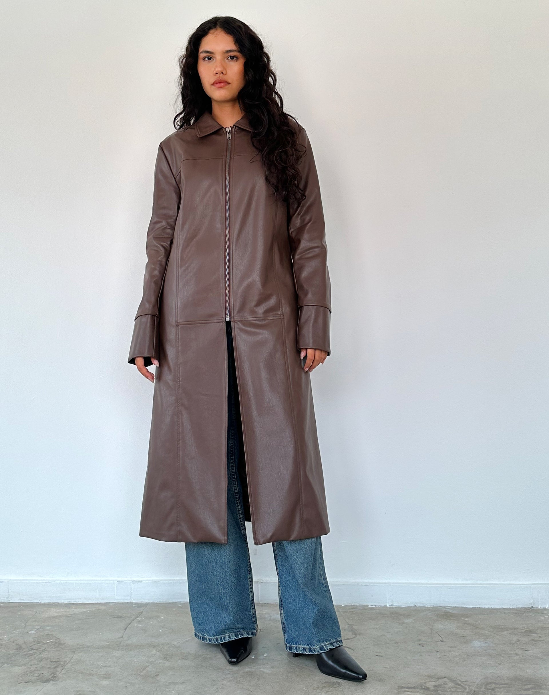 Berlin PU Trench Coat in Dark Brown-Nico Sky