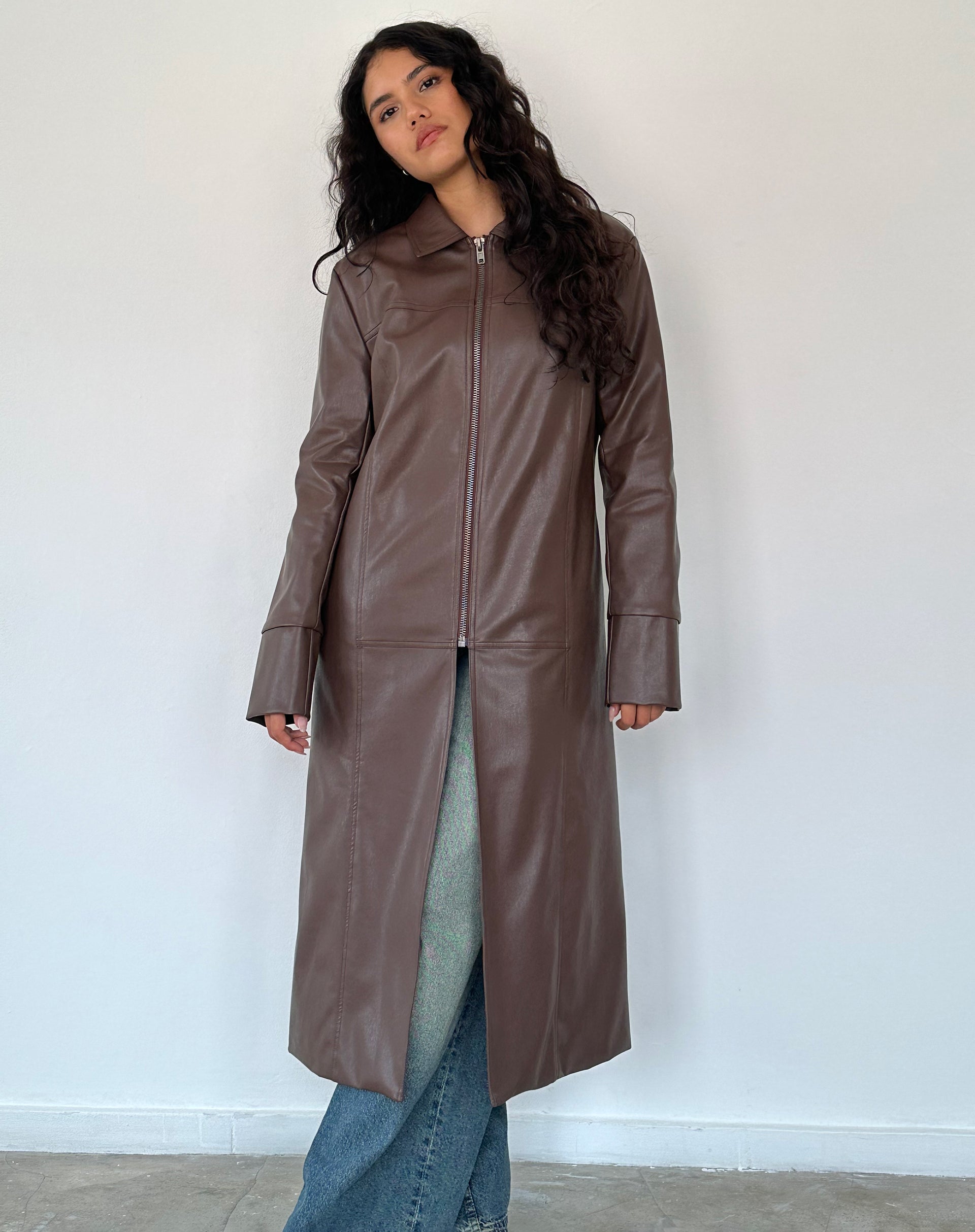 Berlin PU Trench Coat in Dark Brown-Nico Sky