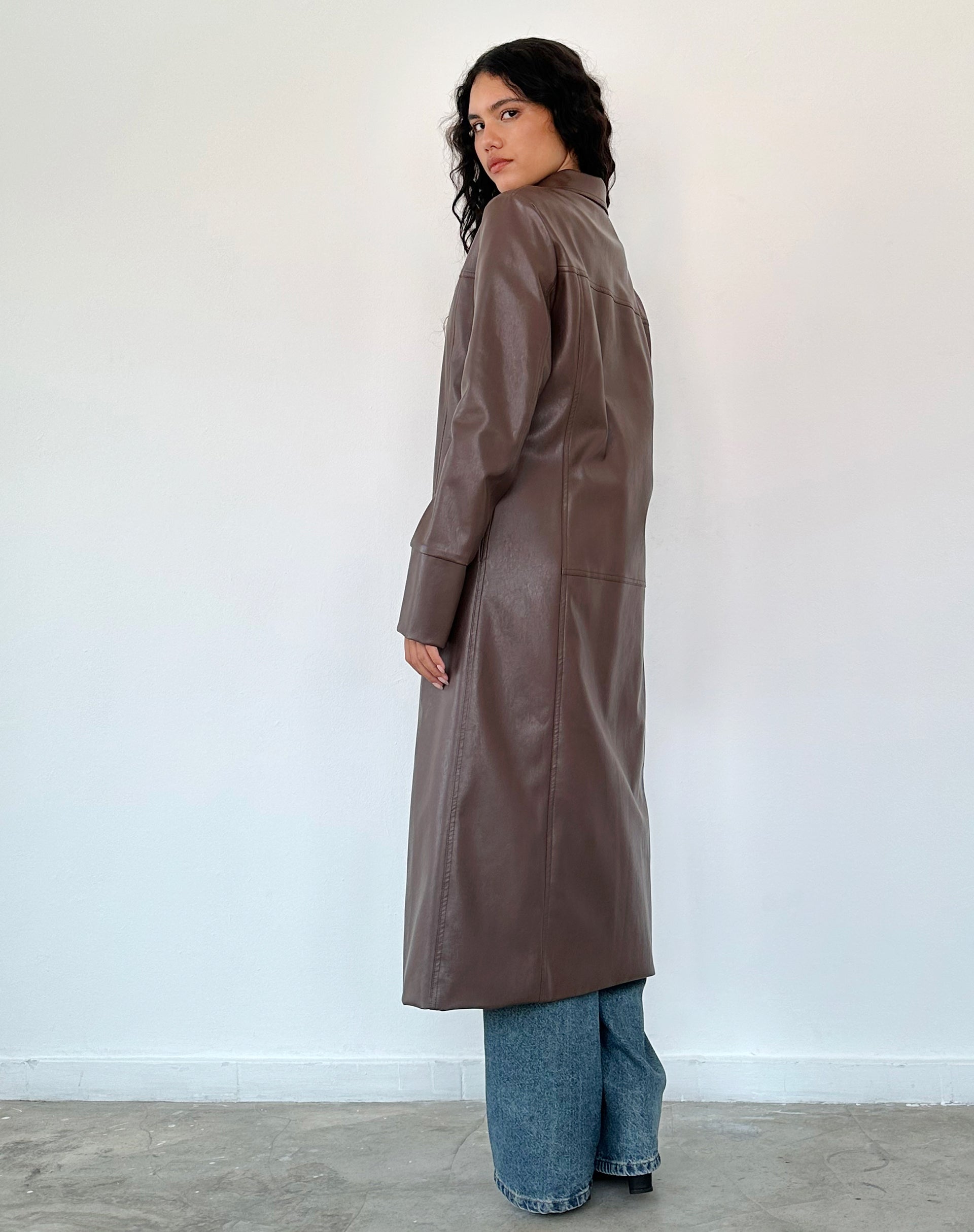 Berlin PU Trench Coat in Dark Brown-Nico Sky