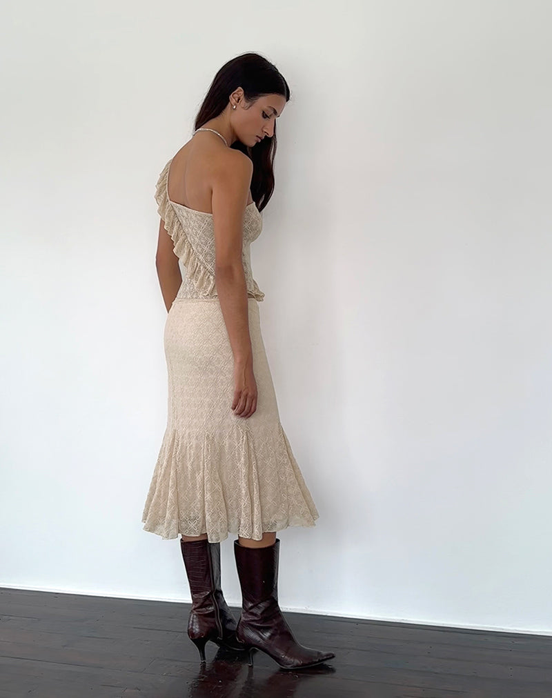 Betharia Frill Detail Midi Skirt in Nude Lace-Nico Sky