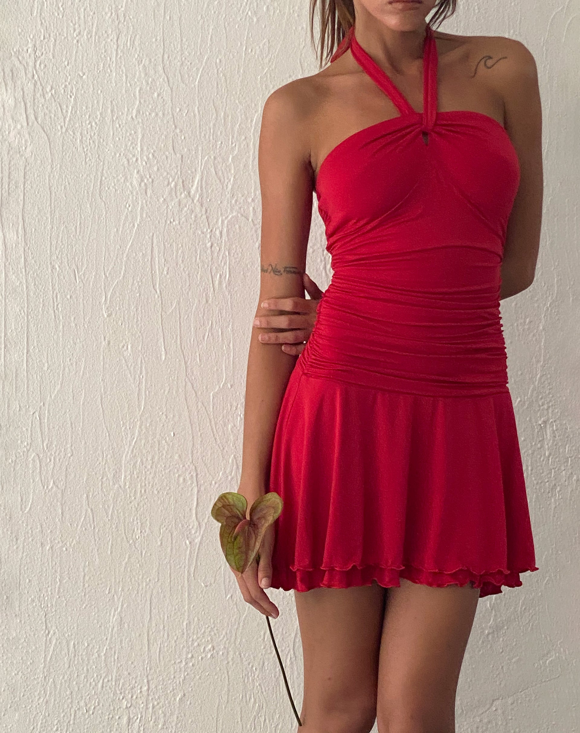 Bibi Bandeau Halterneck Mini Dress in Red-Nico Sky