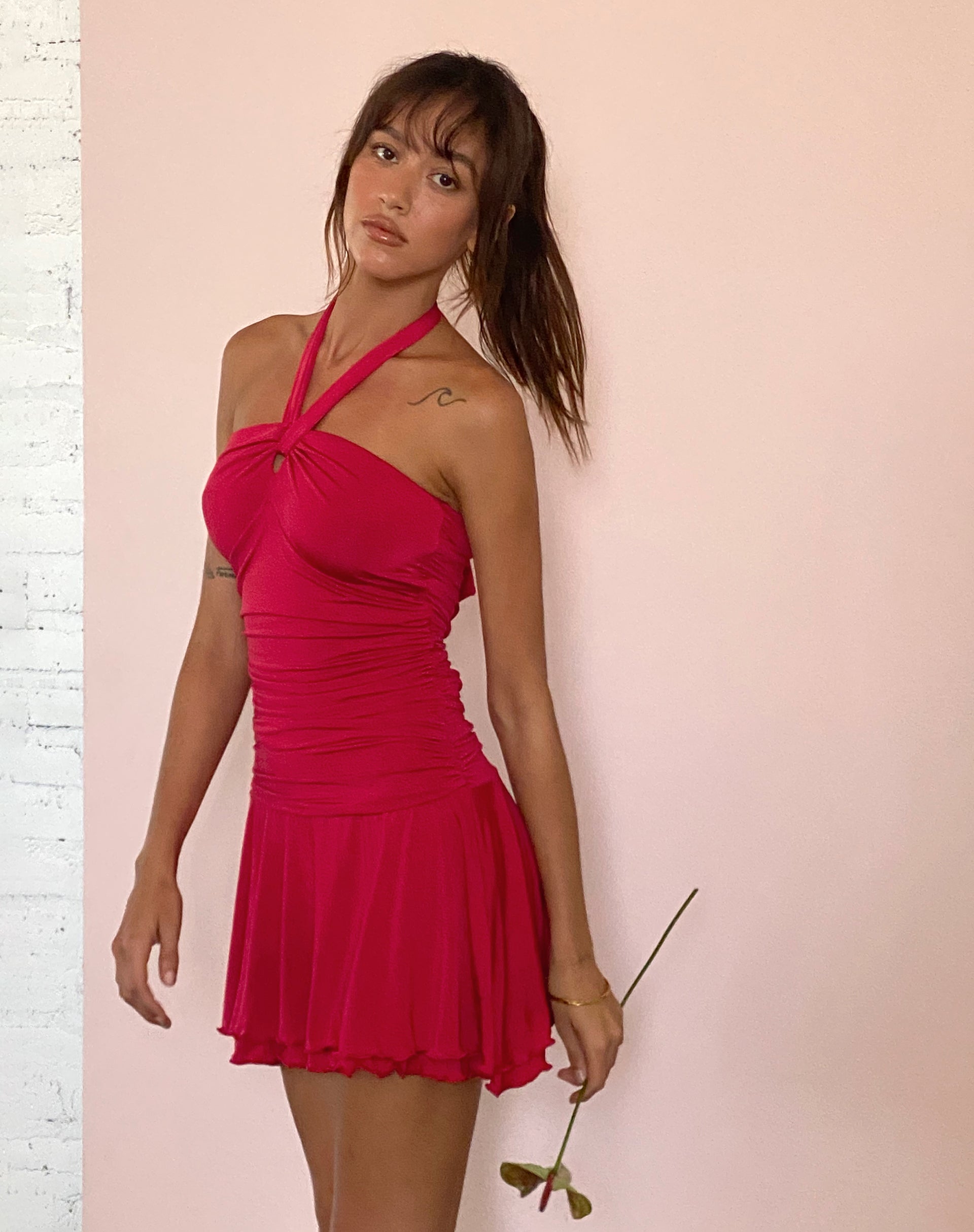 Bibi Bandeau Halterneck Mini Dress in Red-Nico Sky