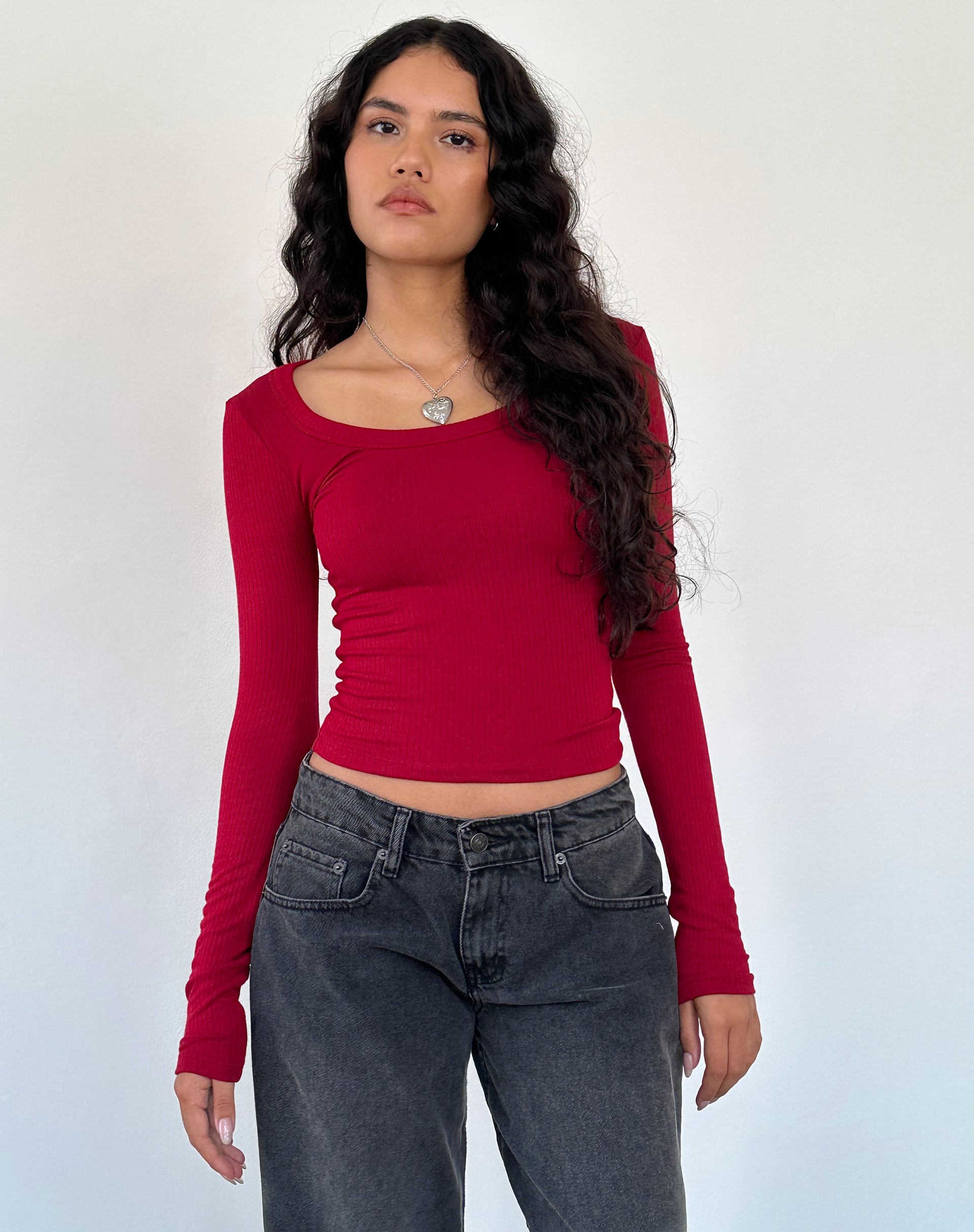 Binlo Extra Long Sleeve Top in Adrenaline Red Rib-Nico Sky