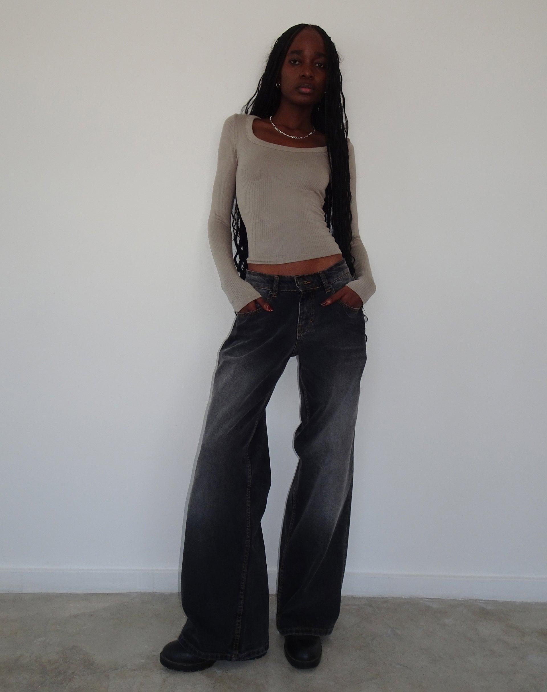 Binlo Extra Long Sleeve Top in London Fog-Nico Sky