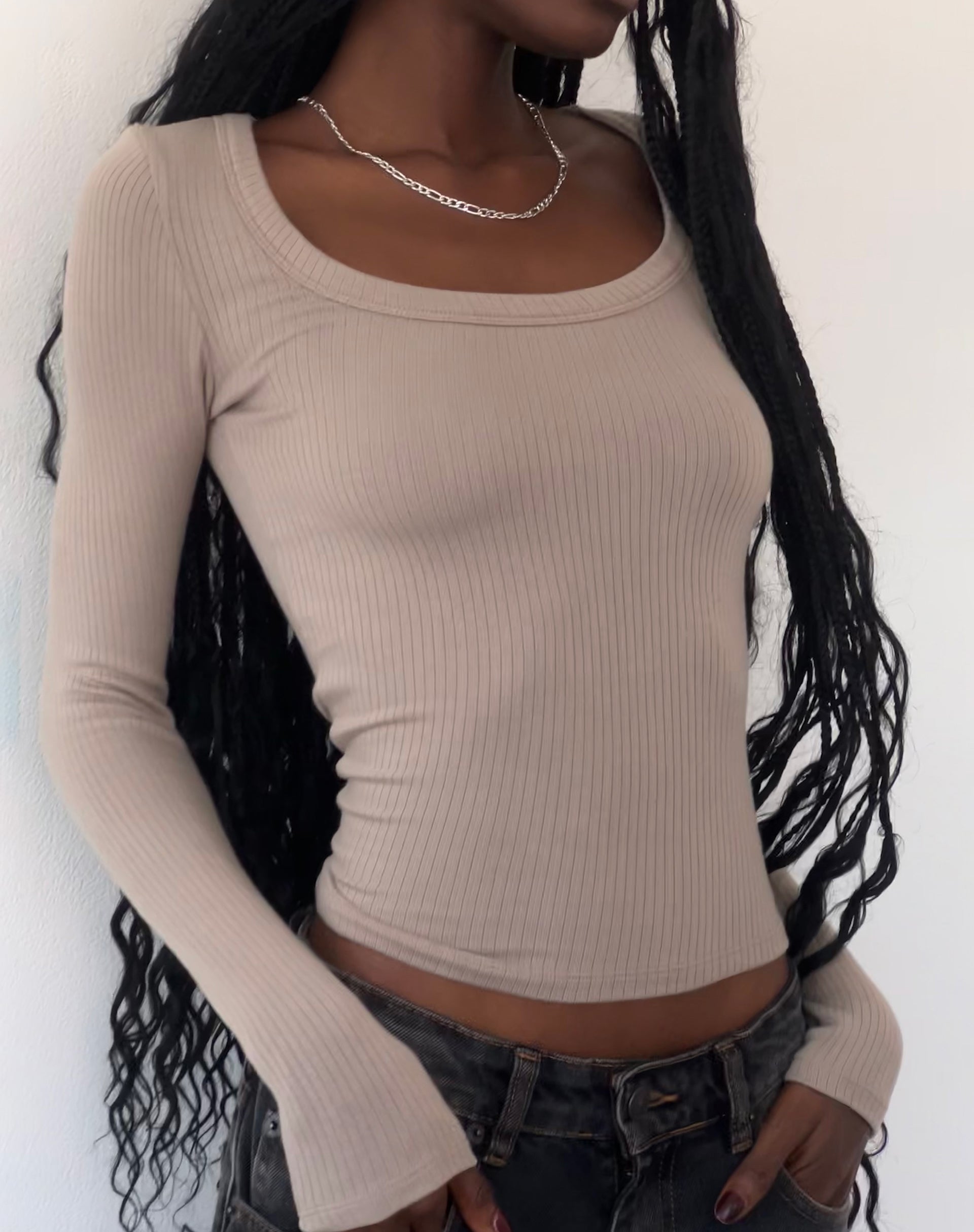 Binlo Extra Long Sleeve Top in London Fog-Nico Sky