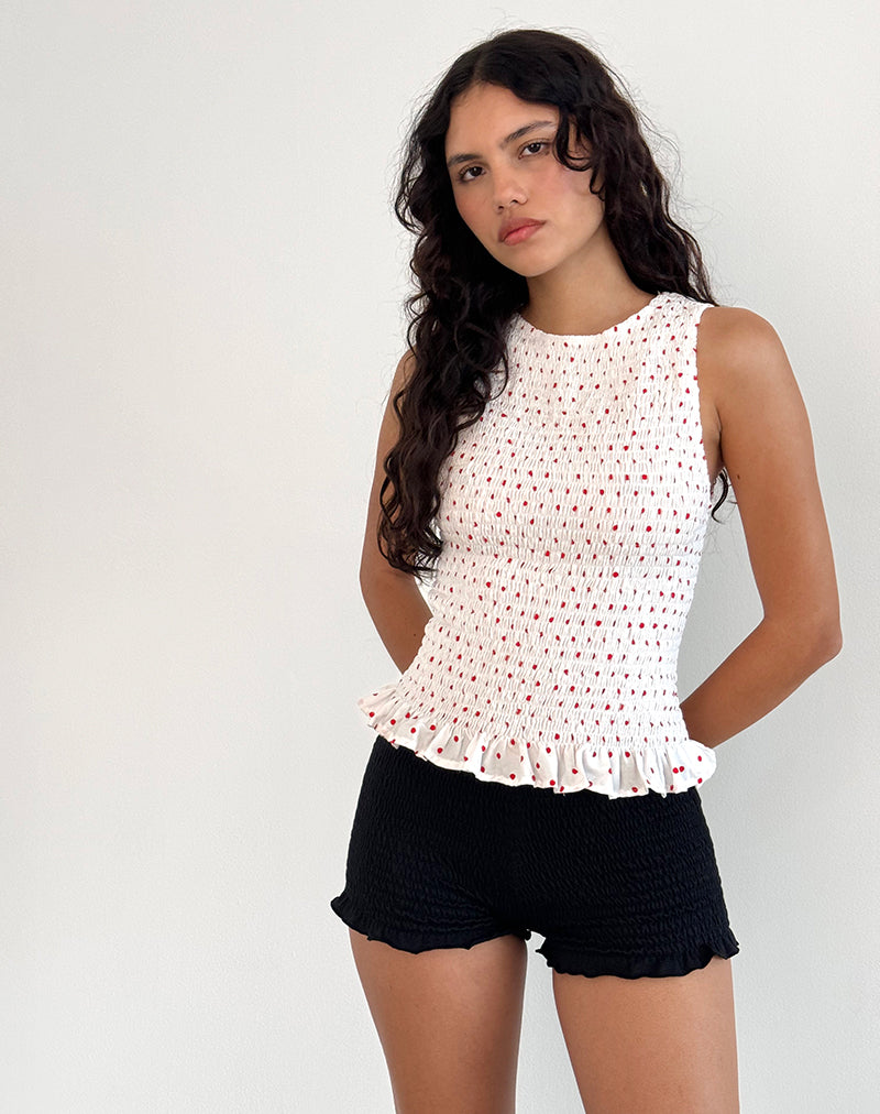 Birita Shirred Tank Top in White and Red Polkadot-Nico Sky