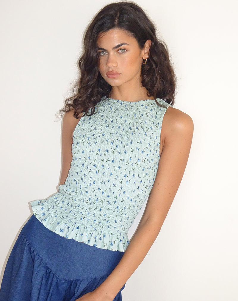 Birita Shirred Top in Pretty Petal Green-Nico Sky