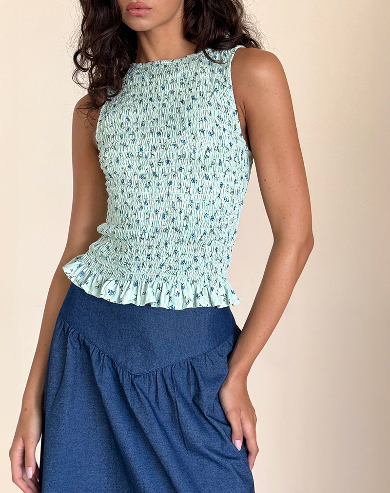 Birita Shirred Top in Pretty Petal Green-Nico Sky