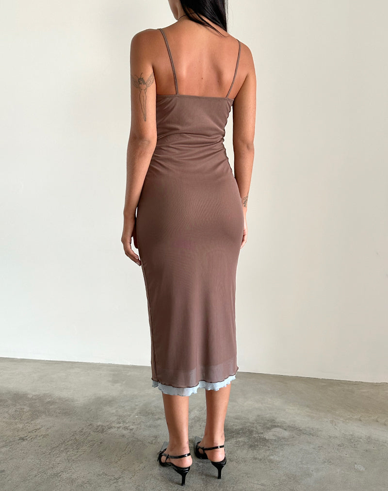 Bisilk Midi Dress in Mesh Brown with Light Blue-Nico Sky