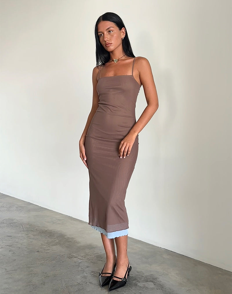 Bisilk Midi Dress in Mesh Brown with Light Blue-Nico Sky