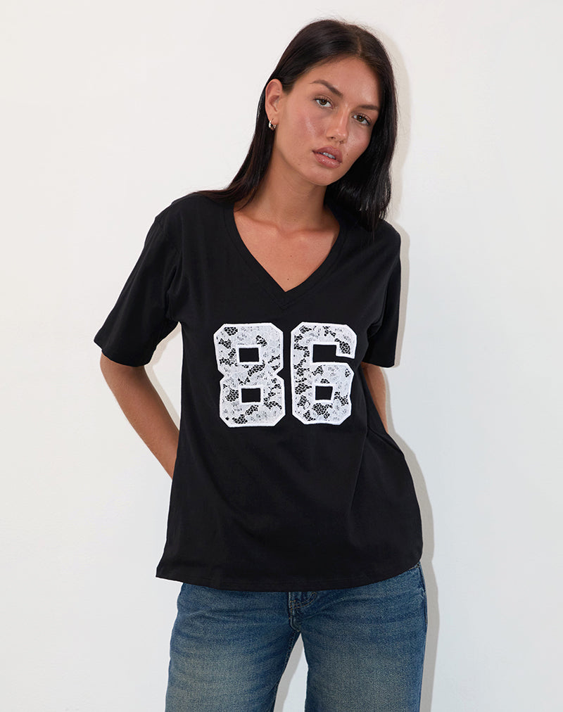 Blaine Oversized Tee in Black with 86 White Lace Embroidery-Nico Sky