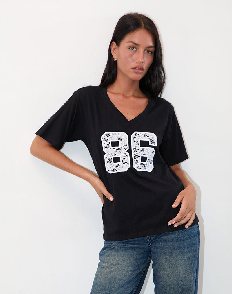 Blaine Oversized Tee in Black with 86 White Lace Embroidery-Nico Sky