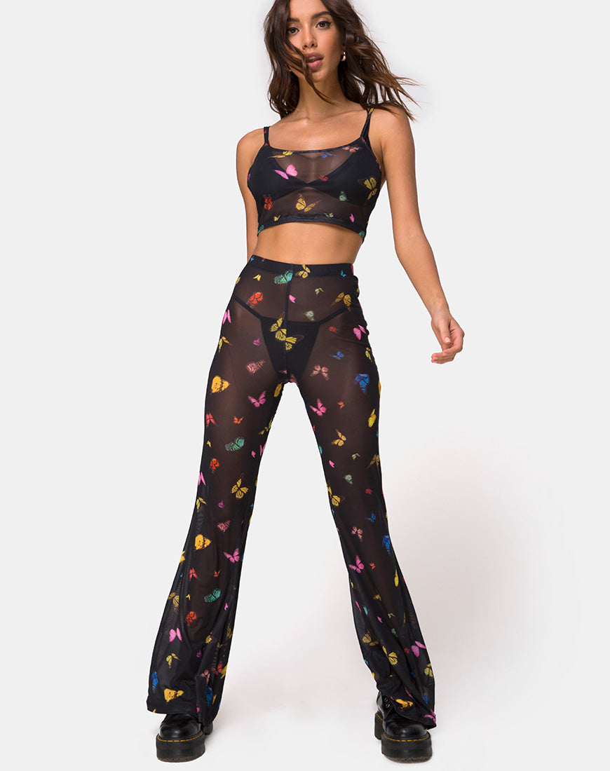 Herlom Flare Trouser in Mesh Black Butterfly-Nico Sky