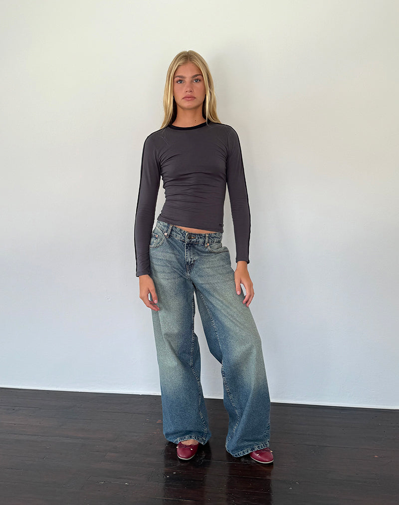 Bonija Long Sleeve Top in Beluga with Black Piping and M Embroidery-Nico Sky