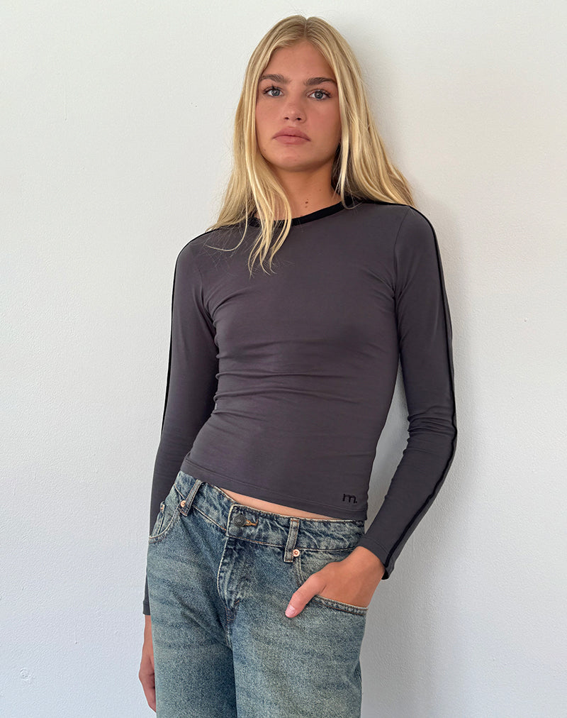 Bonija Long Sleeve Top in Beluga with Black Piping and M Embroidery-Nico Sky
