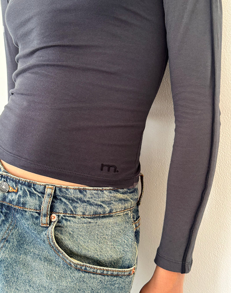 Bonija Long Sleeve Top in Beluga with Black Piping and M Embroidery-Nico Sky