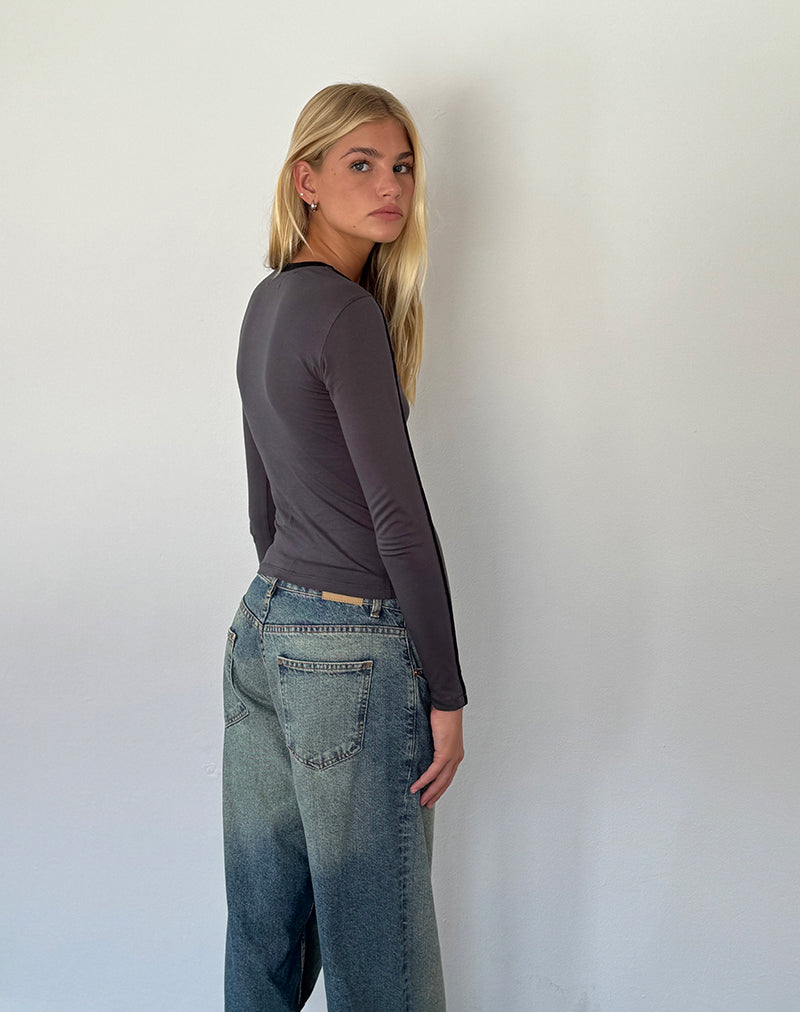 Bonija Long Sleeve Top in Beluga with Black Piping and M Embroidery-Nico Sky