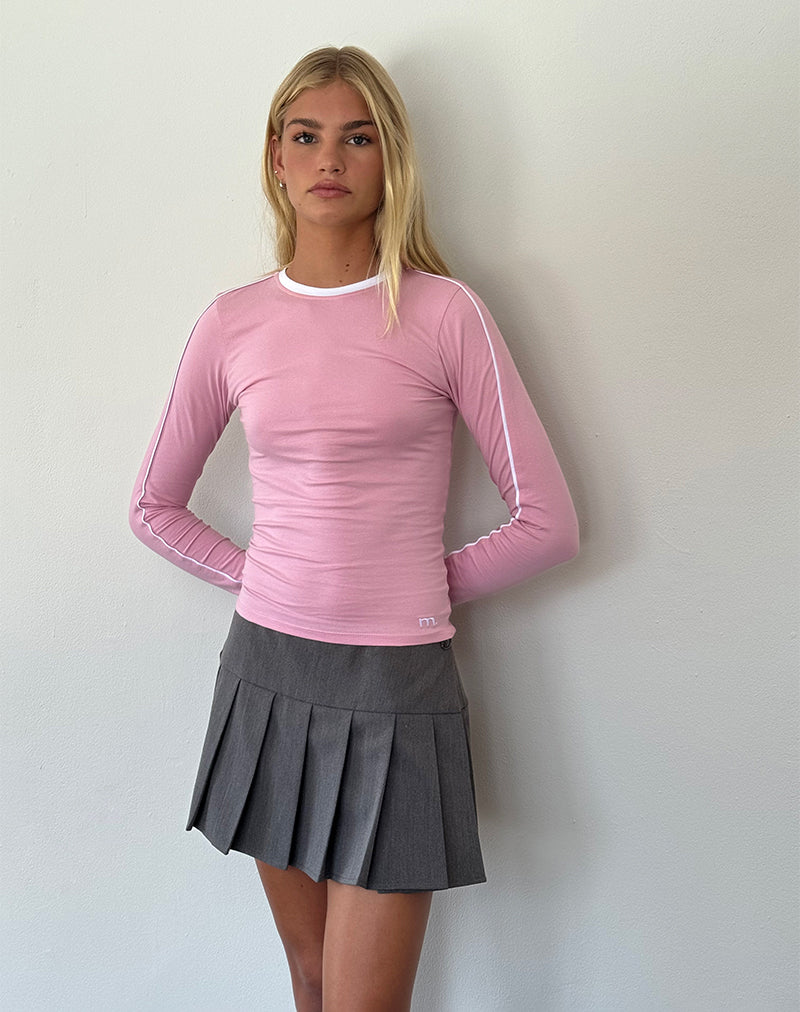 Bonija Long Sleeve Top in Flamingo Pink with White Piping and M Embroidery-Nico Sky