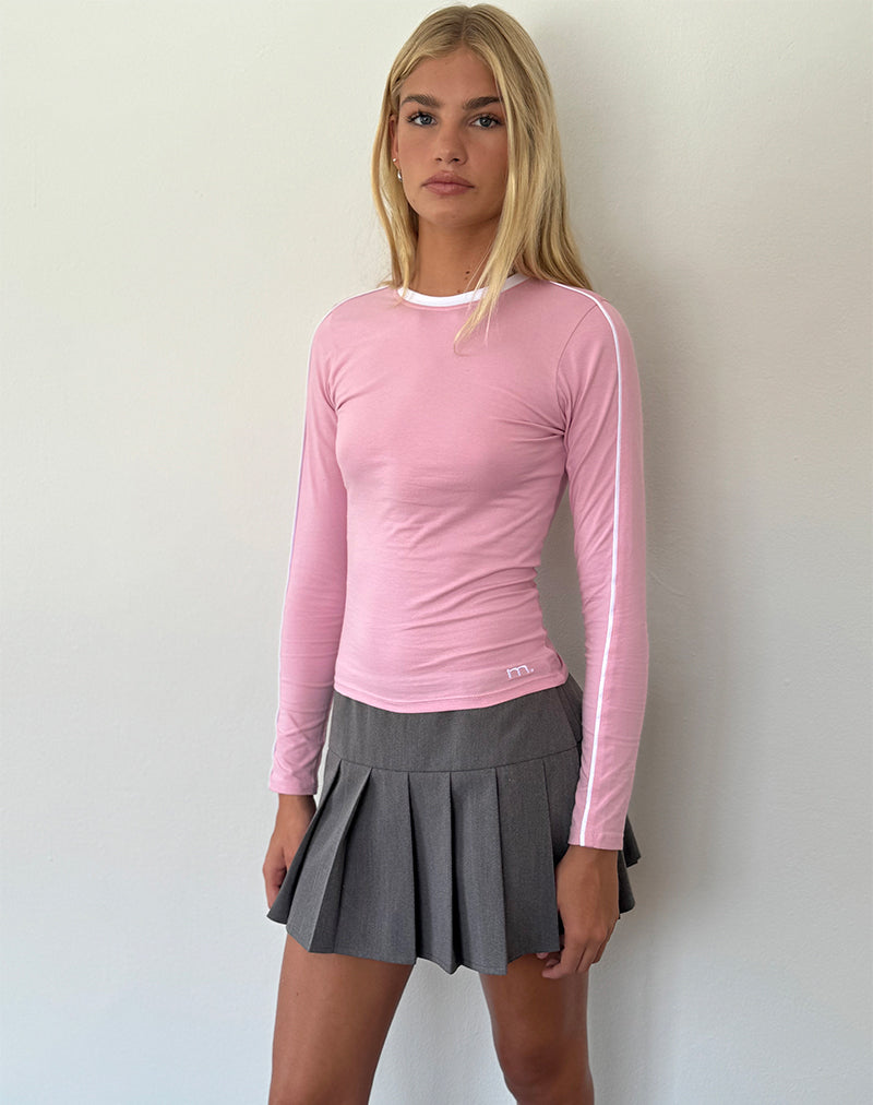 Bonija Long Sleeve Top in Flamingo Pink with White Piping and M Embroidery-Nico Sky
