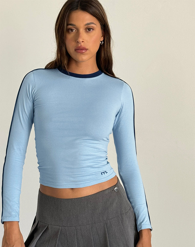 Bonija Long Sleeve Top in Nantucket Blue with Navy Piping and M Embroidery-Nico Sky