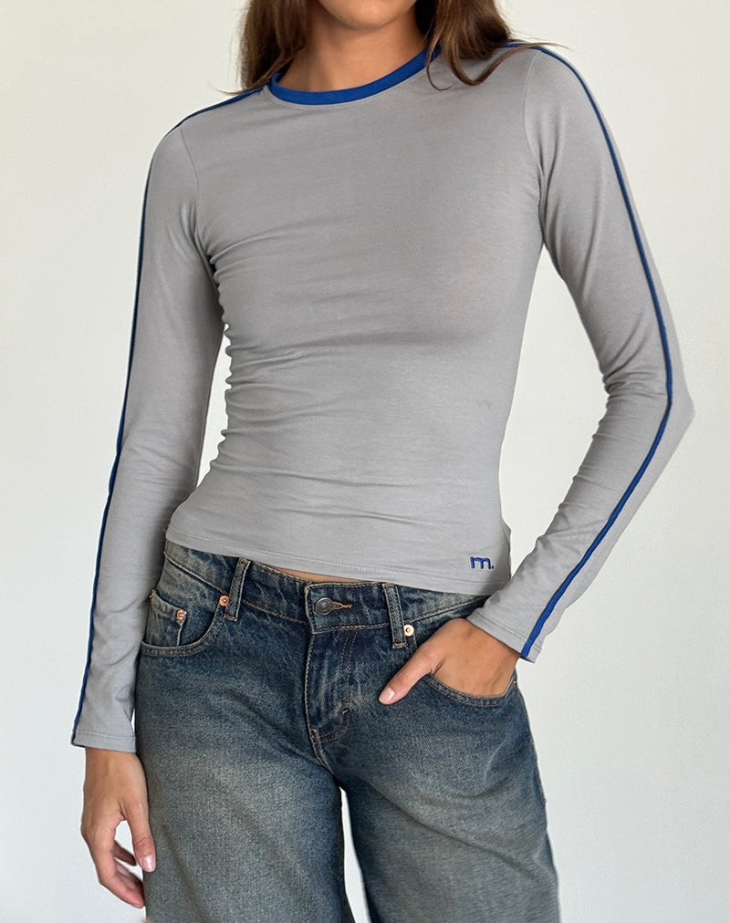 Bonija Long Sleeve Top in Grey with Cobalt Blue Piping-Nico Sky