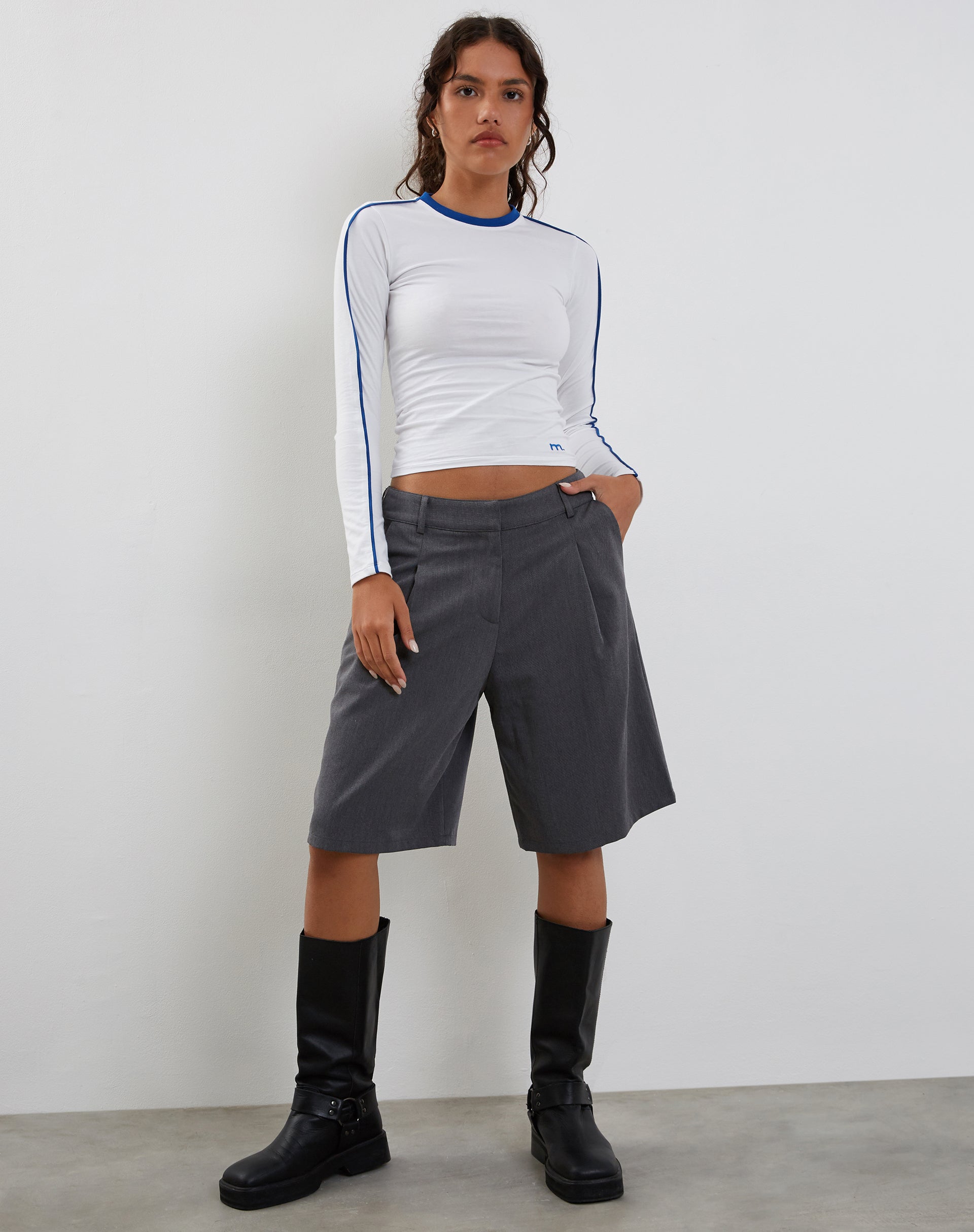 Bonija Long Sleeve Top in White with Cobalt Binding-Nico Sky