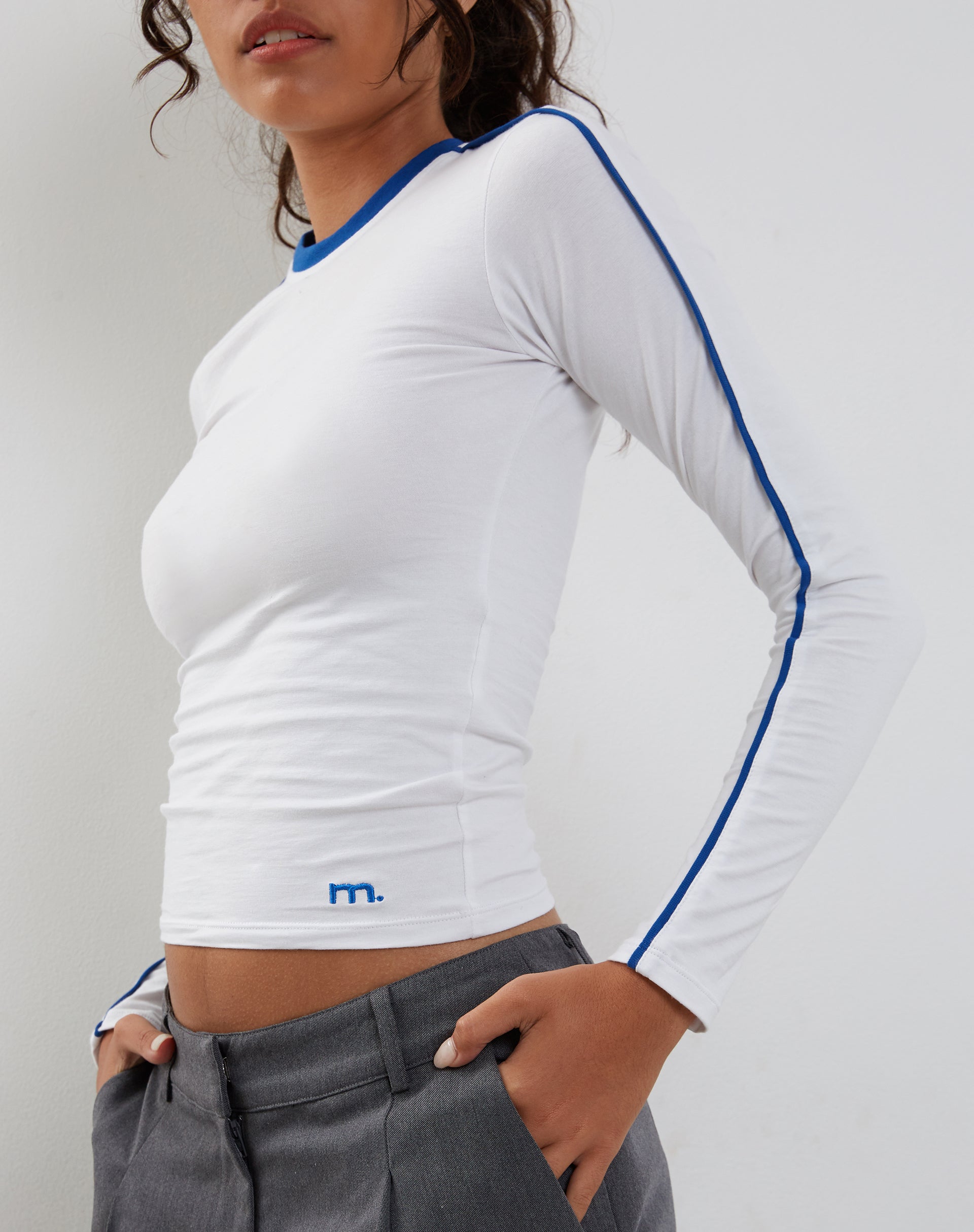 Bonija Long Sleeve Top in White with Cobalt Binding-Nico Sky