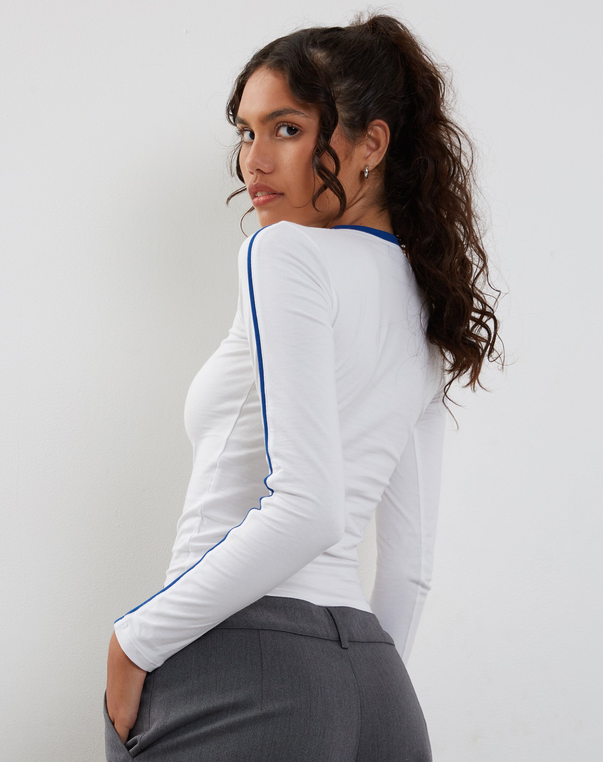 Bonija Long Sleeve Top in White with Cobalt Binding-Nico Sky