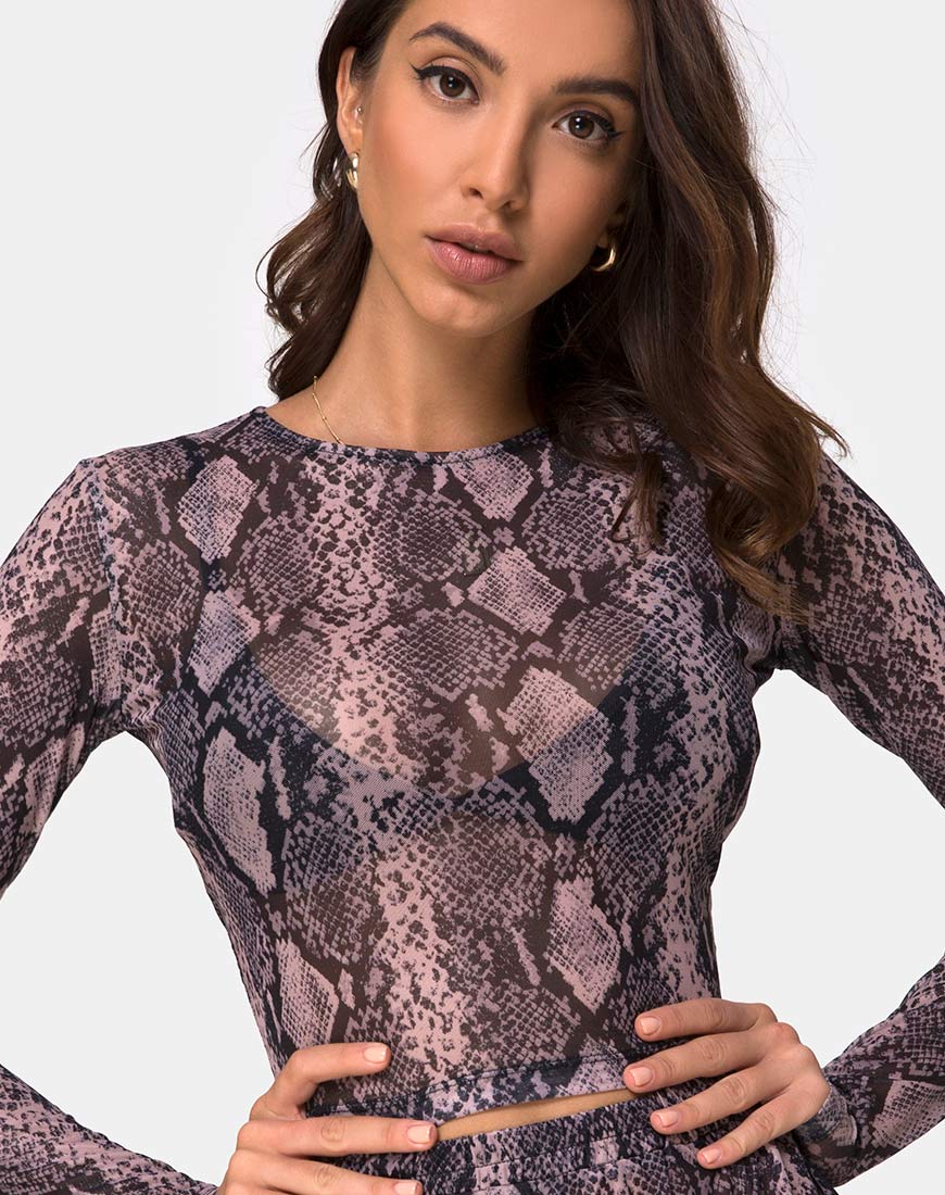 Bonnie Crop Top Net in Taupe Snake-Nico Sky