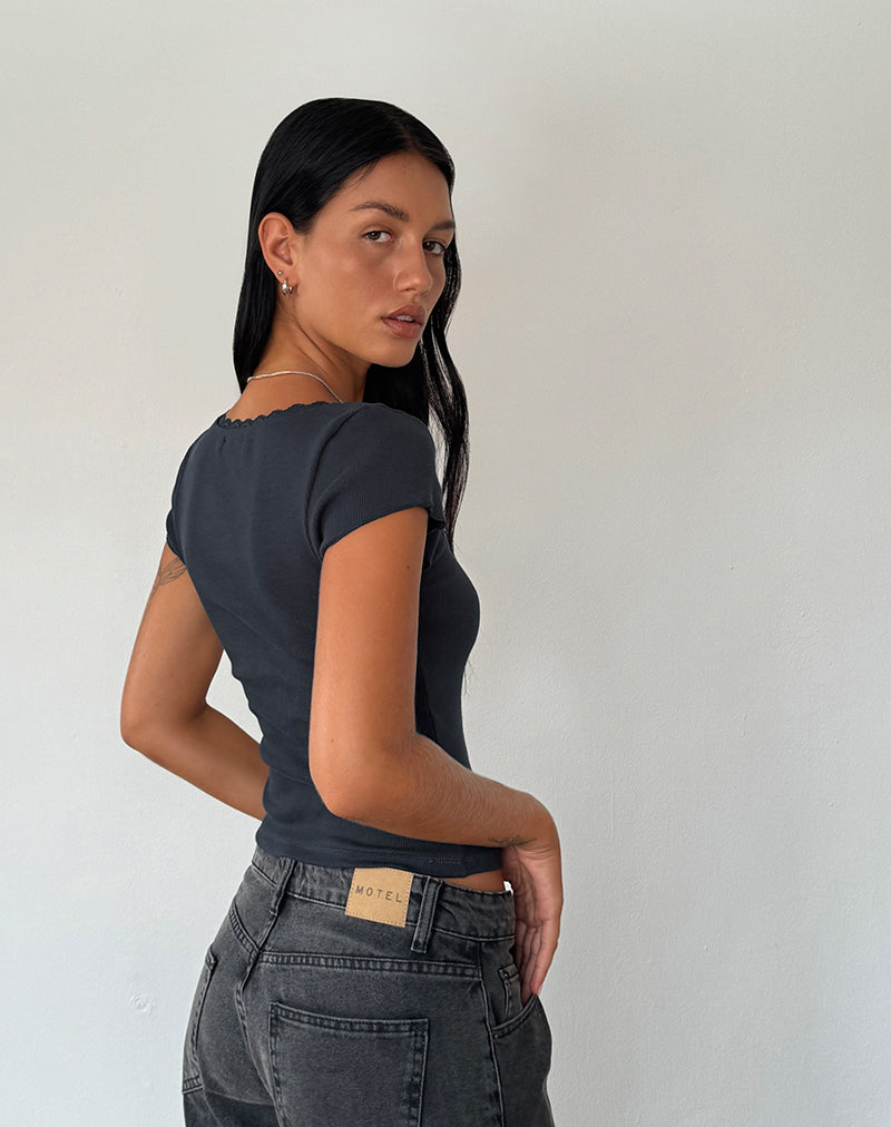 Bovillo Cap Sleeve Top in Ocean Storm Ribbed Jersey-Nico Sky