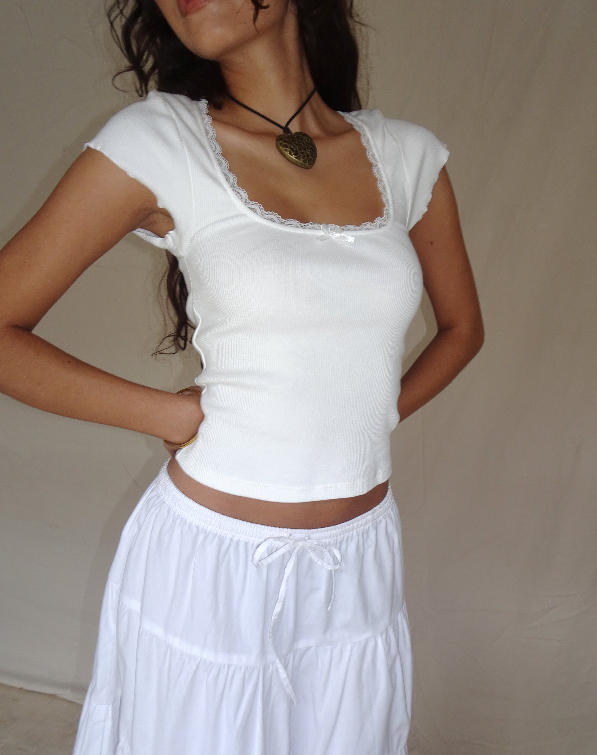 Bovillo Lace Trim Tee in Ribbed Off White-Nico Sky